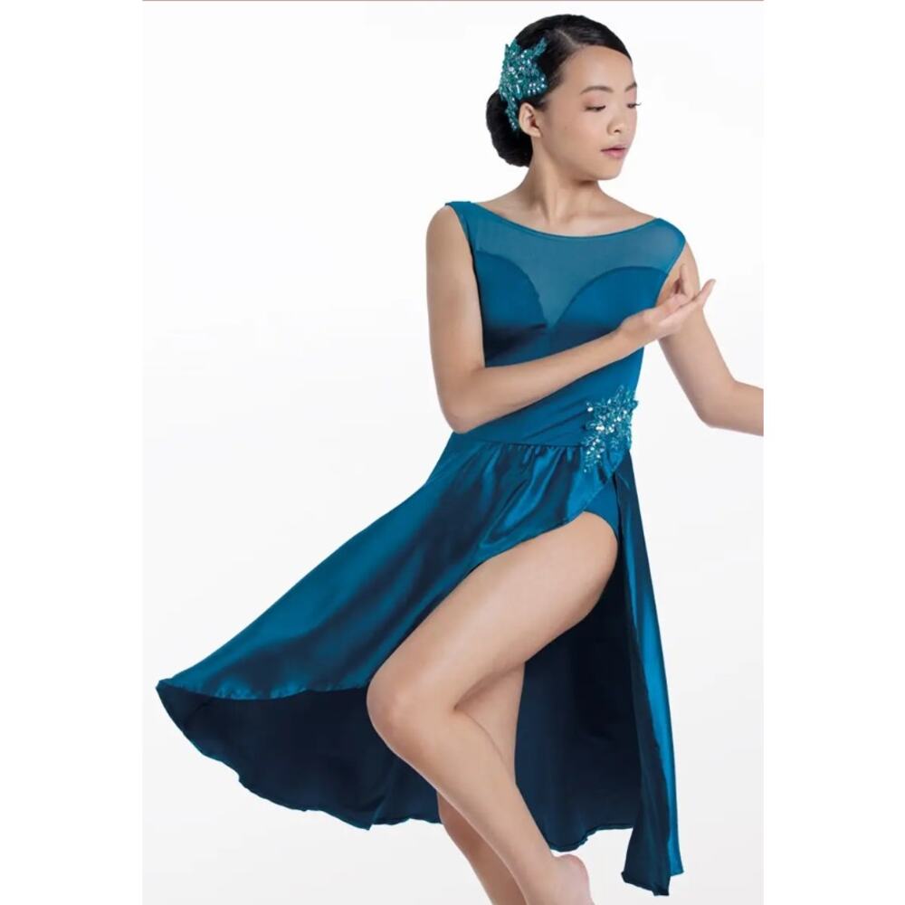 WEISSMAN Dance Costume Aqua Teal Blue Midi Dress Chasing Cars 13094 SZ MA Adult
